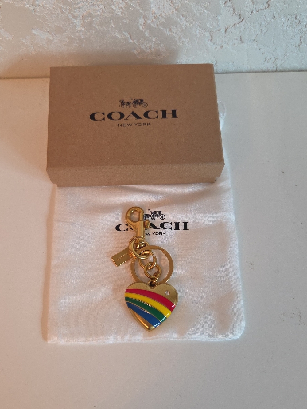 Coach Gold-Tone Heart Keyring with Rainbow Enamel Stripes